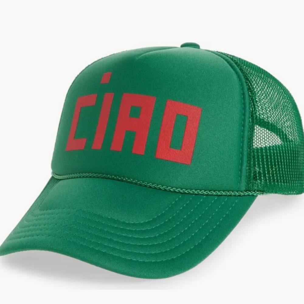 Clare V Green 'Ciao' Mesh Trucker Hat with Red Logo